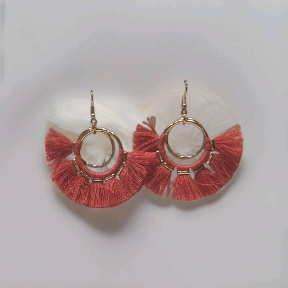 Hoop Fan Tassel Earring Fringe Circle Round Drop Straw Boho Earrings